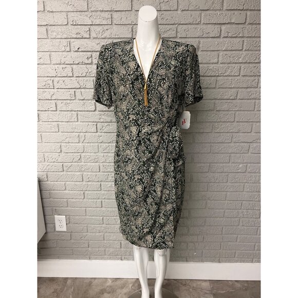 Adrianna Papell Women 100% Silk Green Snake Print Short Sleeve Wrap Dress Size 8 - Picture 1 of 16